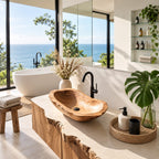 Long Dugout Wooden Vessel Sink with Rough Carved Rim, Elongated Solid Wood Countertop Basin Bowl