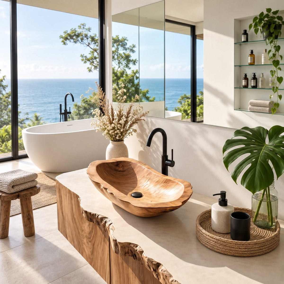 Long Dugout Wooden Vessel Sink with Rough Carved Rim, Elongated Solid Wood Countertop Basin Bowl