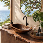 Long Dugout Wooden Vessel Sink with Rough Carved Rim, Elongated Solid Wood Countertop Basin Bowl