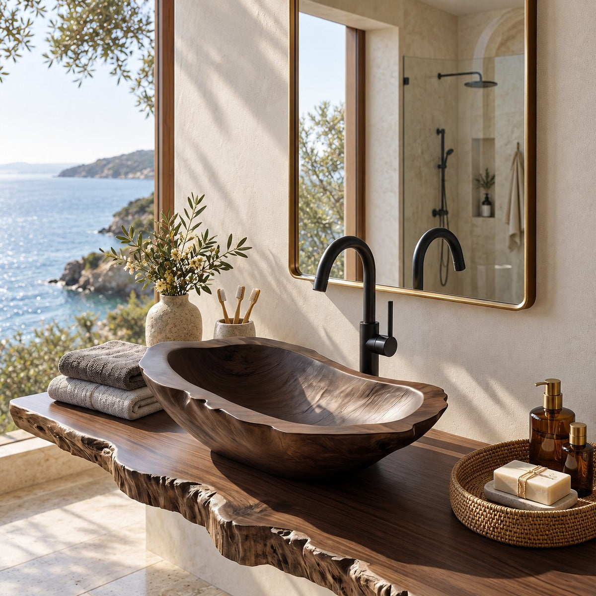 Long Dugout Wooden Vessel Sink with Rough Carved Rim, Elongated Solid Wood Countertop Basin Bowl