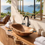 Long Dugout Wooden Vessel Sink with Rough Carved Rim, Elongated Solid Wood Countertop Basin Bowl