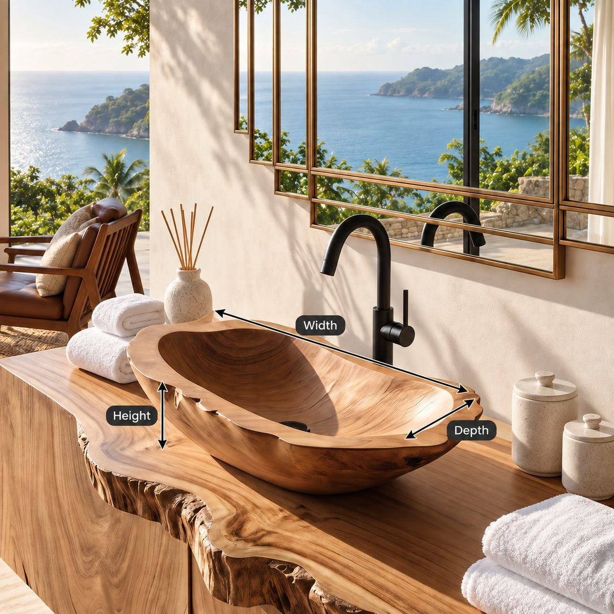 Long Dugout Wooden Vessel Sink with Rough Carved Rim, Elongated Solid Wood Countertop Basin Bowl