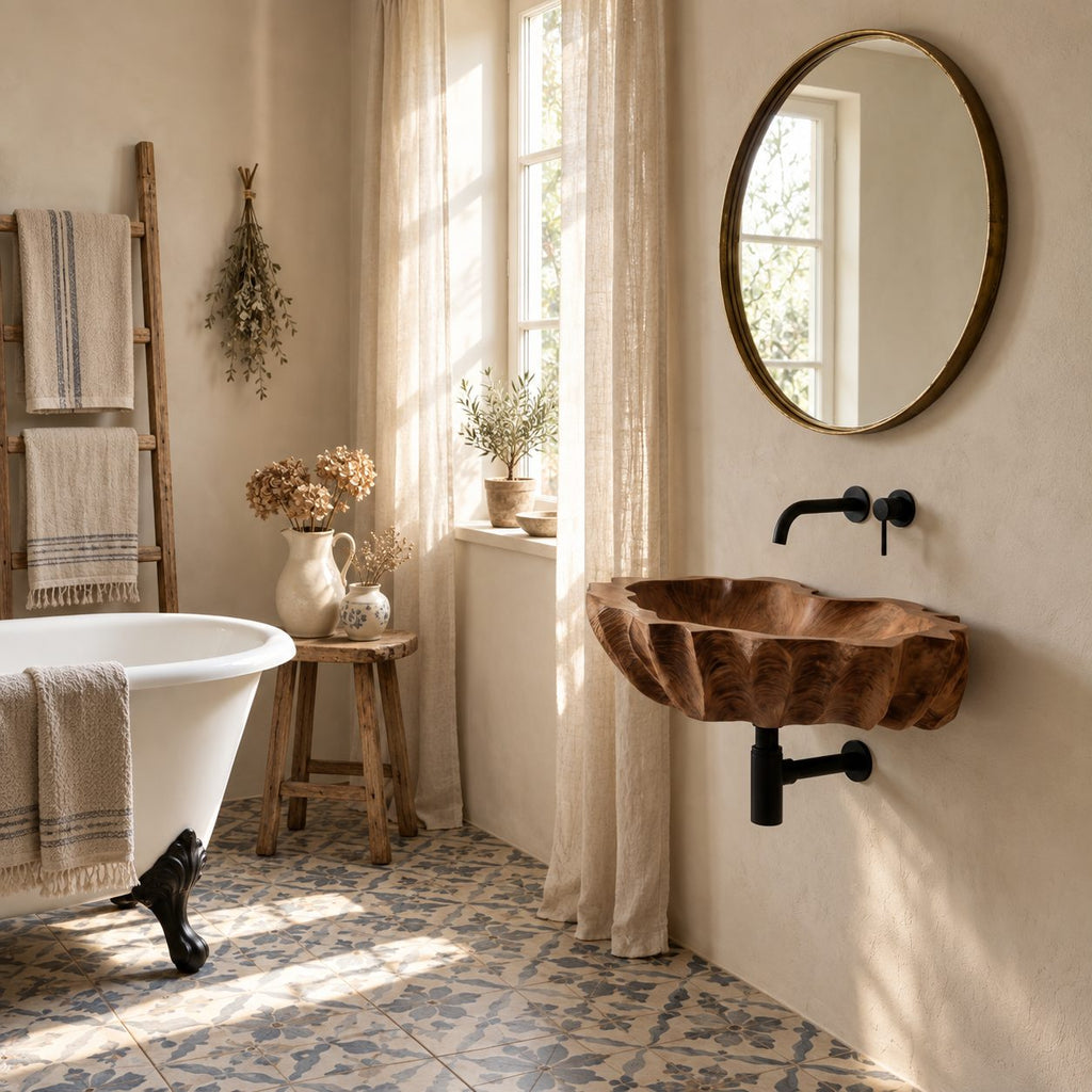 Coral Textured Wall Mounted Wooden Sink, Wide Shallow Solid Wood Wall-Hung Basin 24-36 Inch