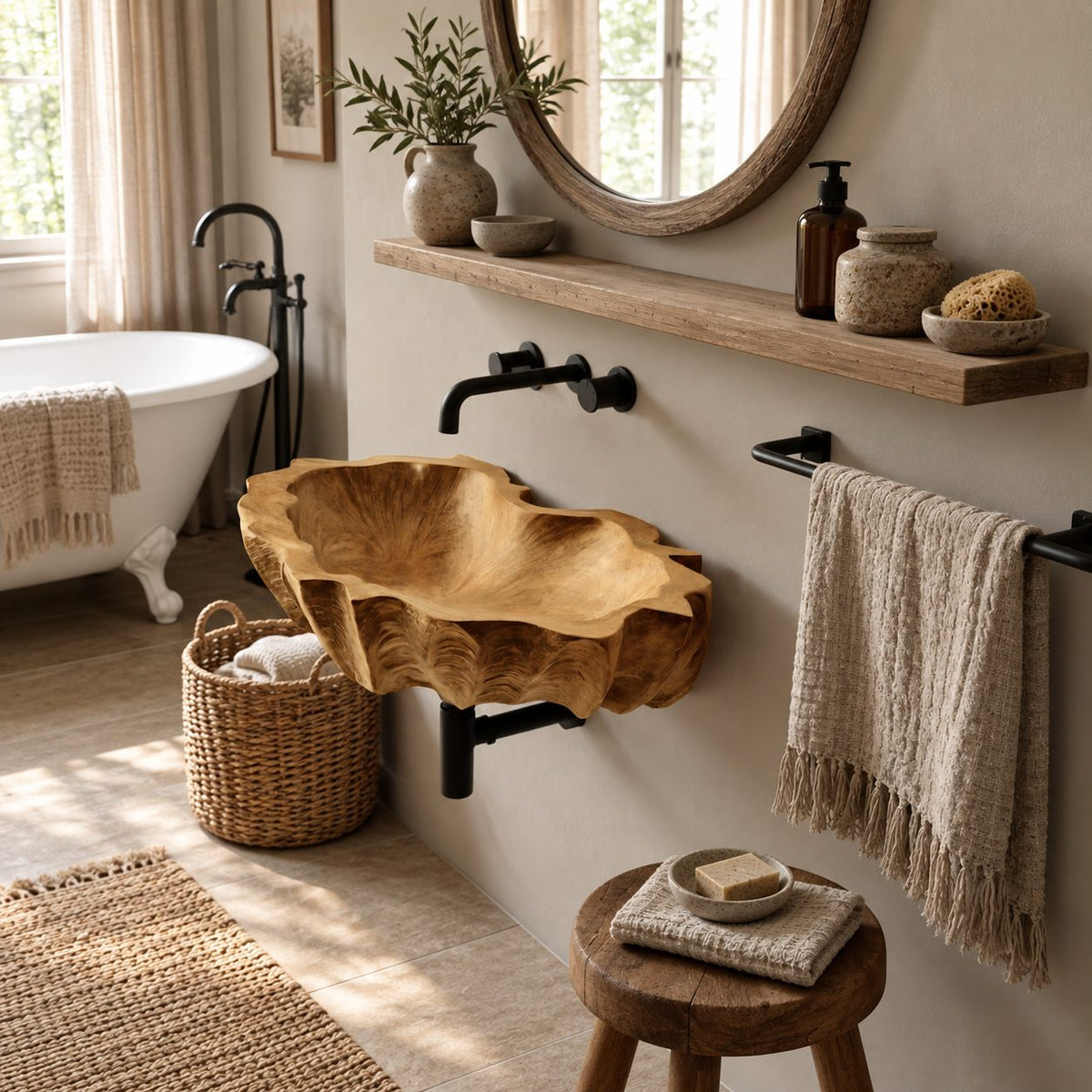 Coral Textured Wall Mounted Wooden Sink, Wide Shallow Solid Wood Wall-Hung Basin 24-36 Inch