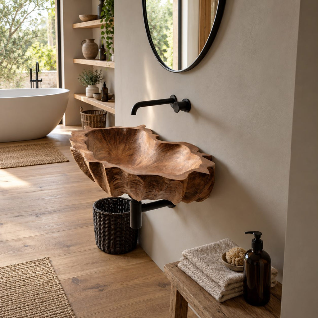 Coral Textured Wall Mounted Wooden Sink, Wide Shallow Solid Wood Wall-Hung Basin 24-36 Inch
