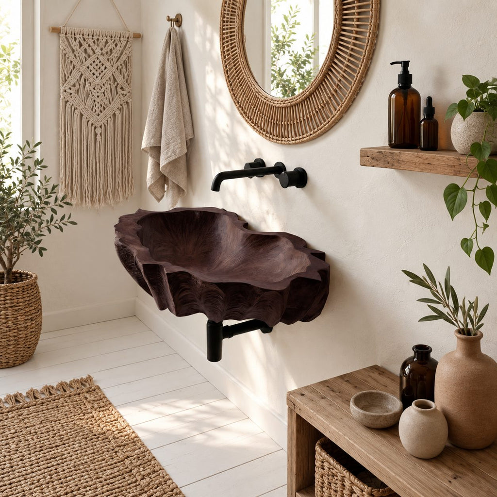 Coral Textured Wall Mounted Wooden Sink, Wide Shallow Solid Wood Wall-Hung Basin 24-36 Inch