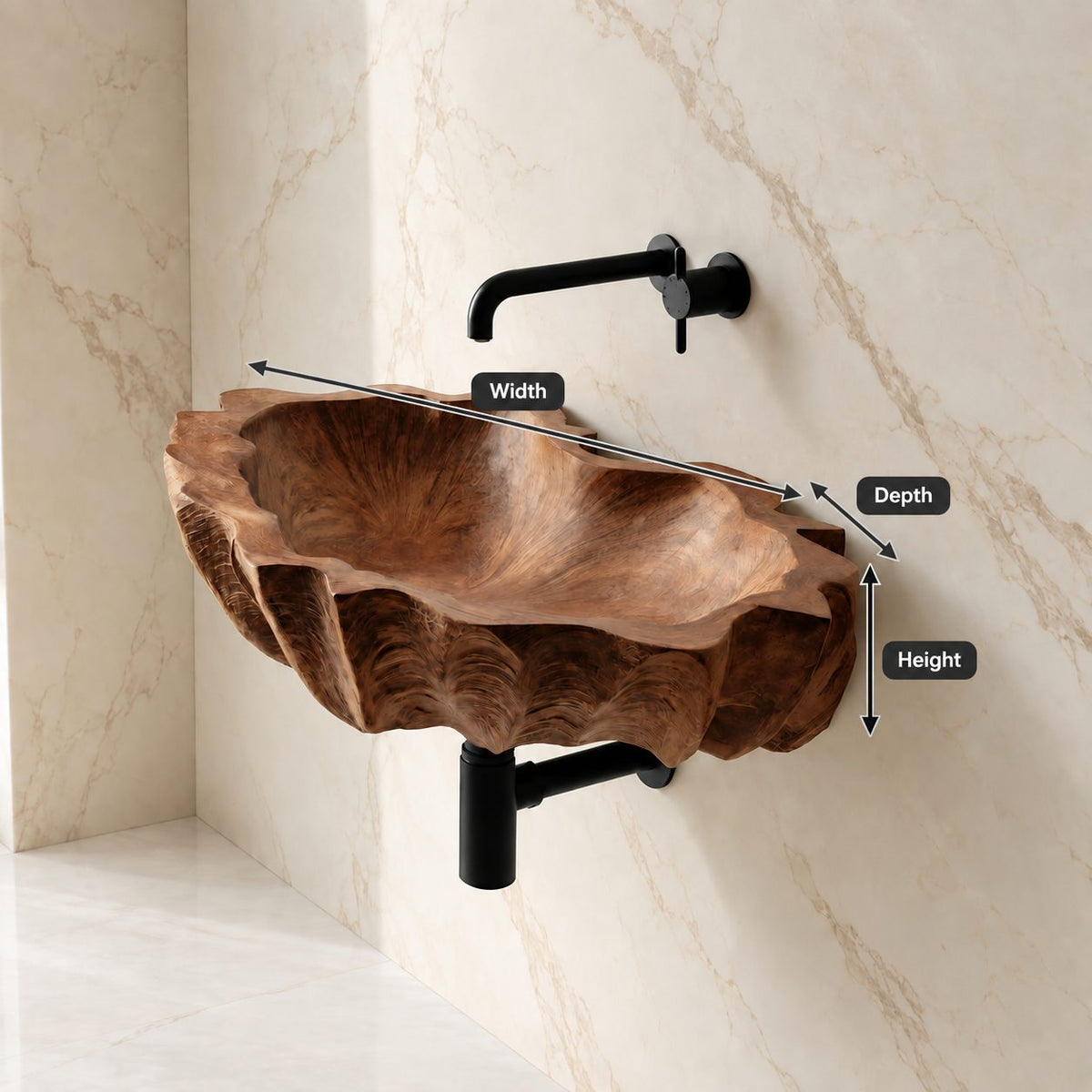 Coral Textured Wall Mounted Wooden Sink, Wide Shallow Solid Wood Wall-Hung Basin 24-36 Inch