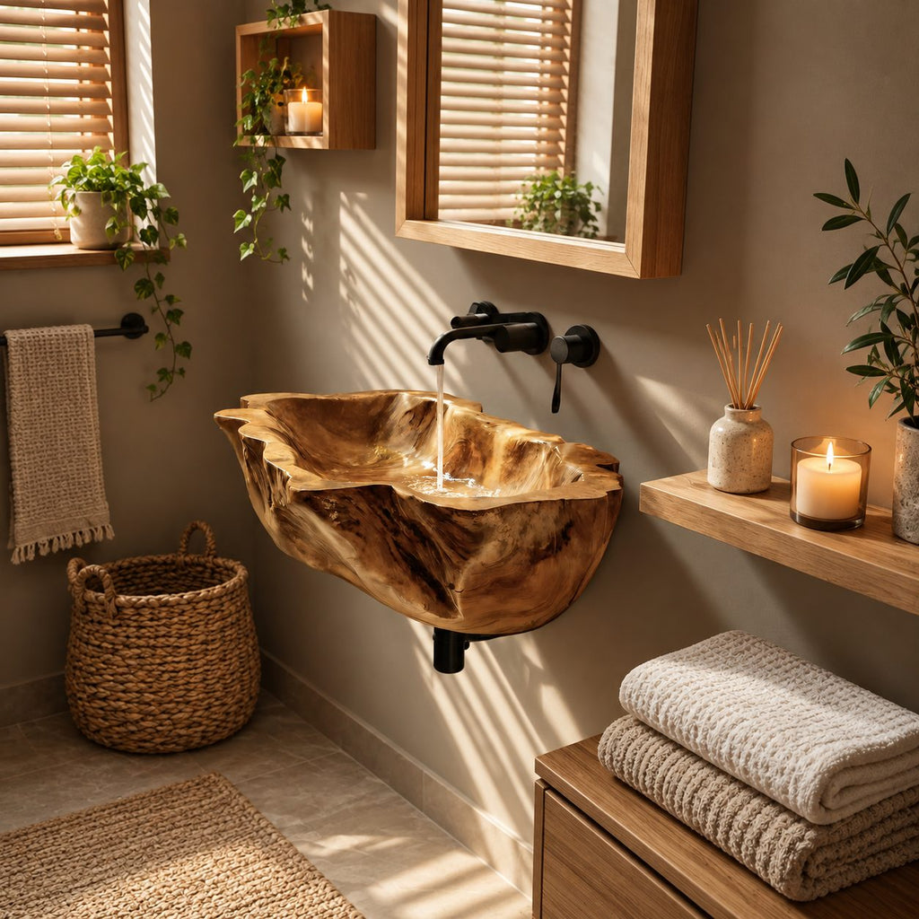 Root Burl Wall Mounted Wooden Sink, Deep Rugged Solid Wood Wall-Hung Bathroom Basin 20-39 Inch
