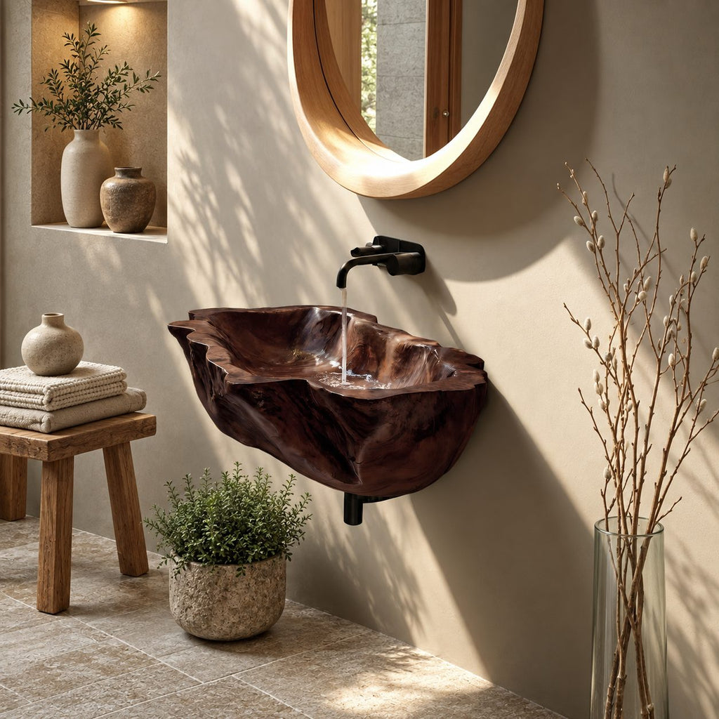 Root Burl Wall Mounted Wooden Sink, Deep Rugged Solid Wood Wall-Hung Bathroom Basin 20-39 Inch
