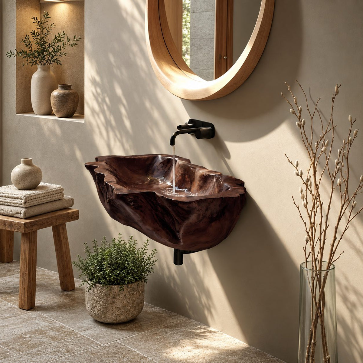 Root Burl Wall Mounted Wooden Sink, Deep Rugged Solid Wood Wall-Hung Bathroom Basin 20-39 Inch