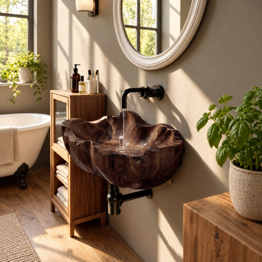 Clamshell Wall Mounted Wooden Sink, Flared Deep Carved Solid Wood Wall-Hung Basin 18-37 Inch