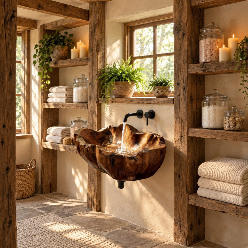 Clamshell Wall Mounted Wooden Sink, Flared Deep Carved Solid Wood Wall-Hung Basin 18-37 Inch