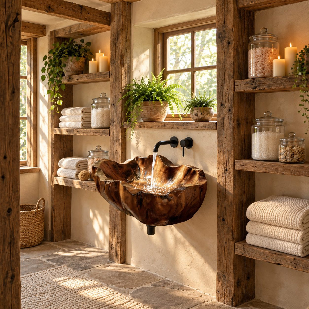 Clamshell Wall Mounted Wooden Sink, Flared Deep Carved Solid Wood Wall-Hung Basin 18-37 Inch