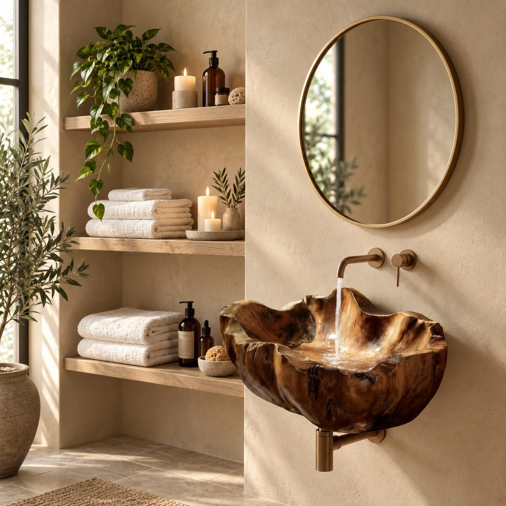 Clamshell Wall Mounted Wooden Sink, Flared Deep Carved Solid Wood Wall-Hung Basin 18-37 Inch