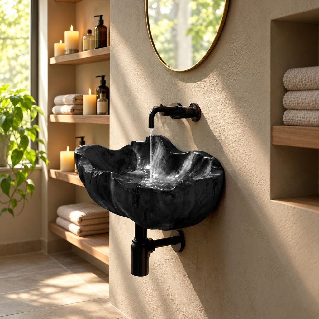 Clamshell Wall Mounted Wooden Sink, Flared Deep Carved Solid Wood Wall-Hung Basin 18-37 Inch