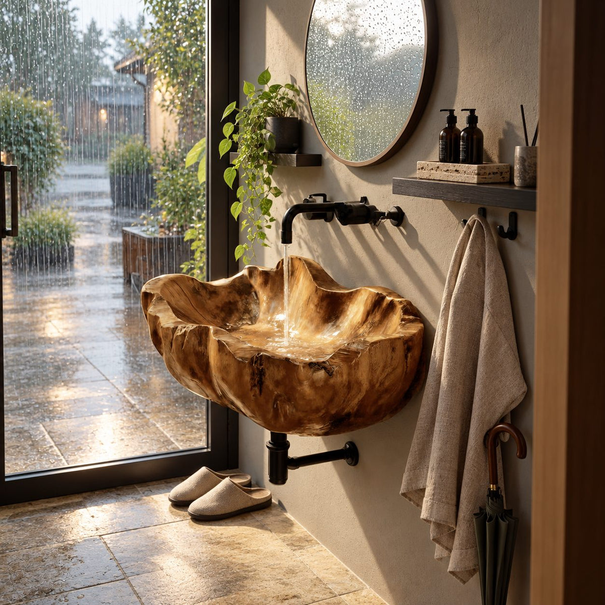 Clamshell Wall Mounted Wooden Sink, Flared Deep Carved Solid Wood Wall-Hung Basin 18-37 Inch
