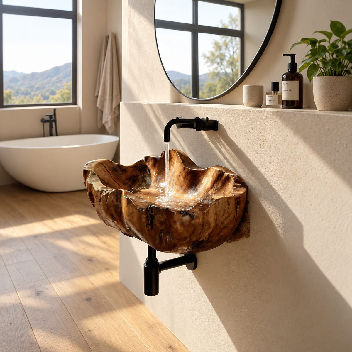 Clamshell Wall Mounted Wooden Sink, Flared Deep Carved Solid Wood Wall-Hung Basin 18-37 Inch