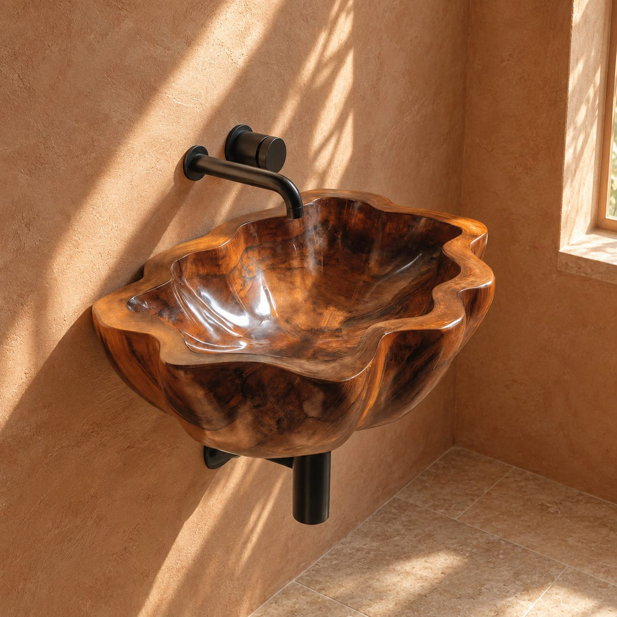 Billowing Rim Wall Mounted Wooden Sink, Deep Round Carved Solid Wood Wall-Hung Basin 20-39 Inch
