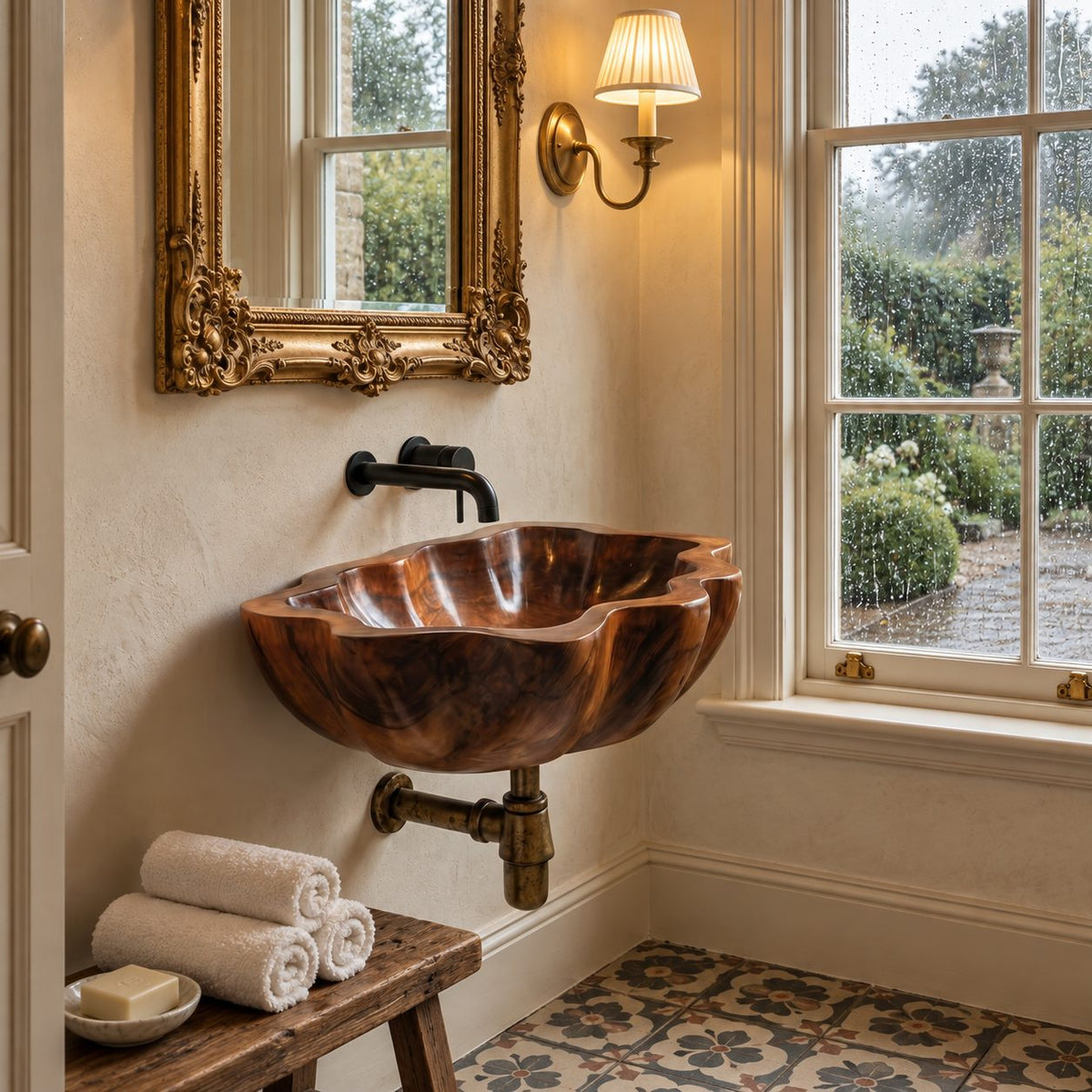 Billowing Rim Wall Mounted Wooden Sink, Deep Round Carved Solid Wood Wall-Hung Basin 20-39 Inch