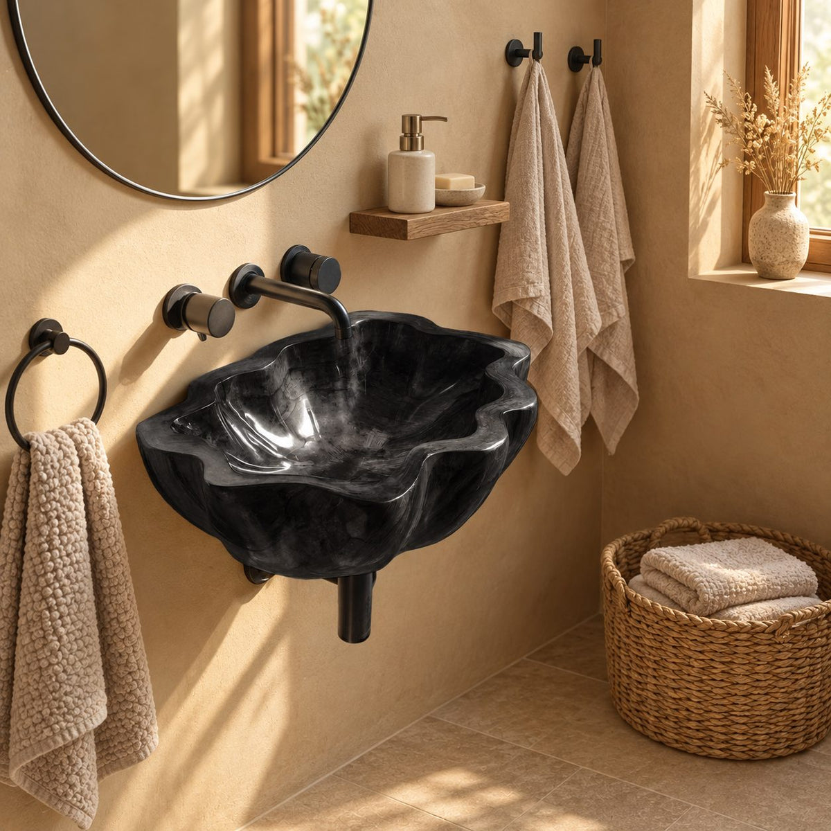 Billowing Rim Wall Mounted Wooden Sink, Deep Round Carved Solid Wood Wall-Hung Basin 20-39 Inch