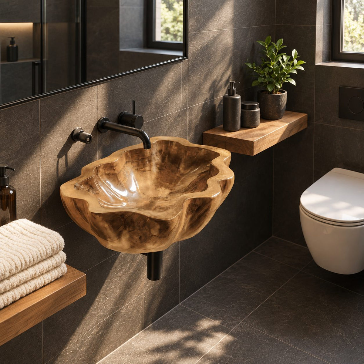 Billowing Rim Wall Mounted Wooden Sink, Deep Round Carved Solid Wood Wall-Hung Basin 20-39 Inch