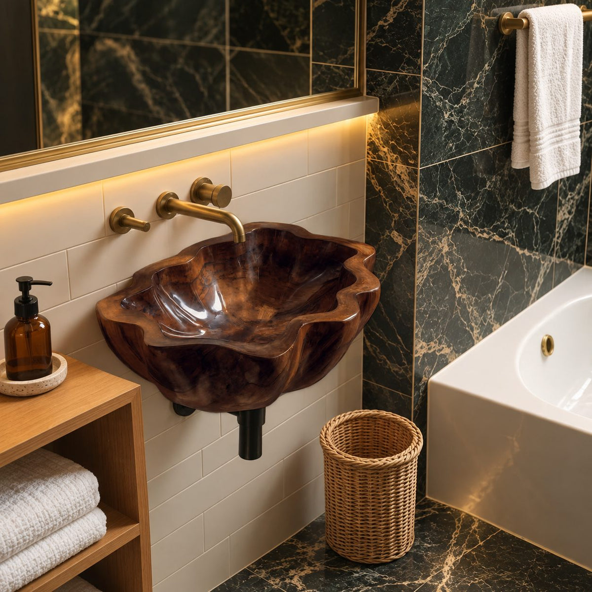 Billowing Rim Wall Mounted Wooden Sink, Deep Round Carved Solid Wood Wall-Hung Basin 20-39 Inch