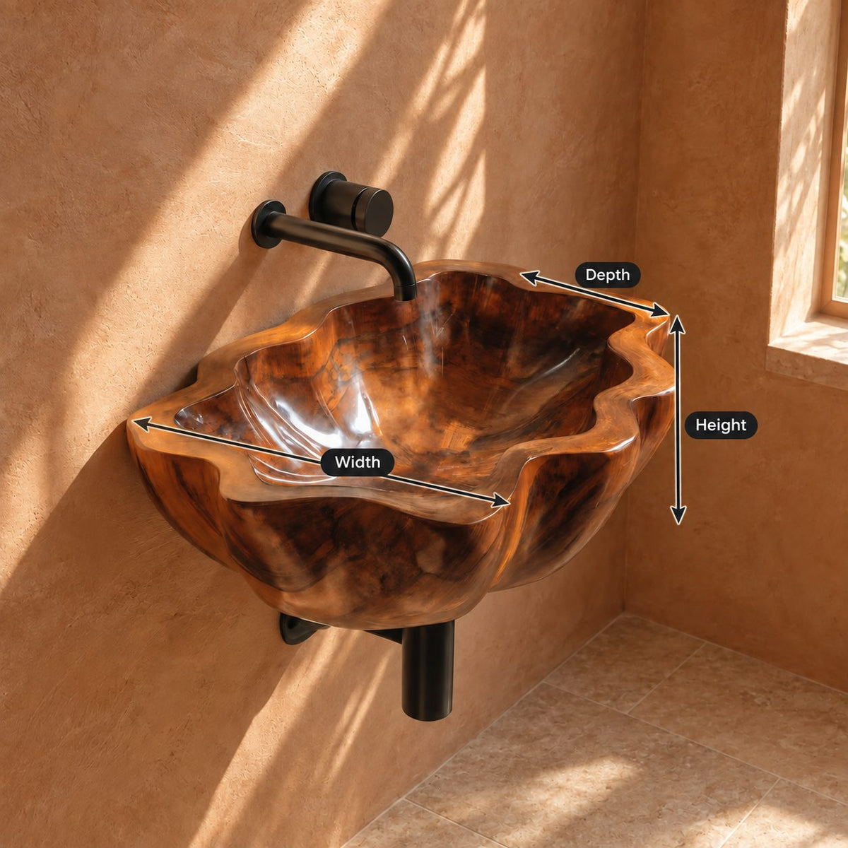 Billowing Rim Wall Mounted Wooden Sink, Deep Round Carved Solid Wood Wall-Hung Basin 20-39 Inch
