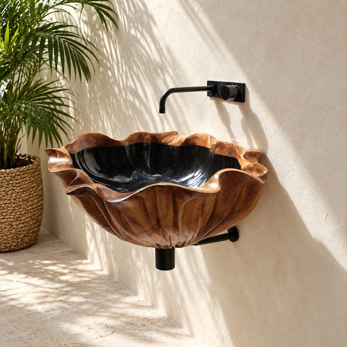 Lotus Petal Wall Mounted Wooden Sink with Ribbed Flared Rim and Sealed Interior, Solid Wood Basin 18-37 Inch