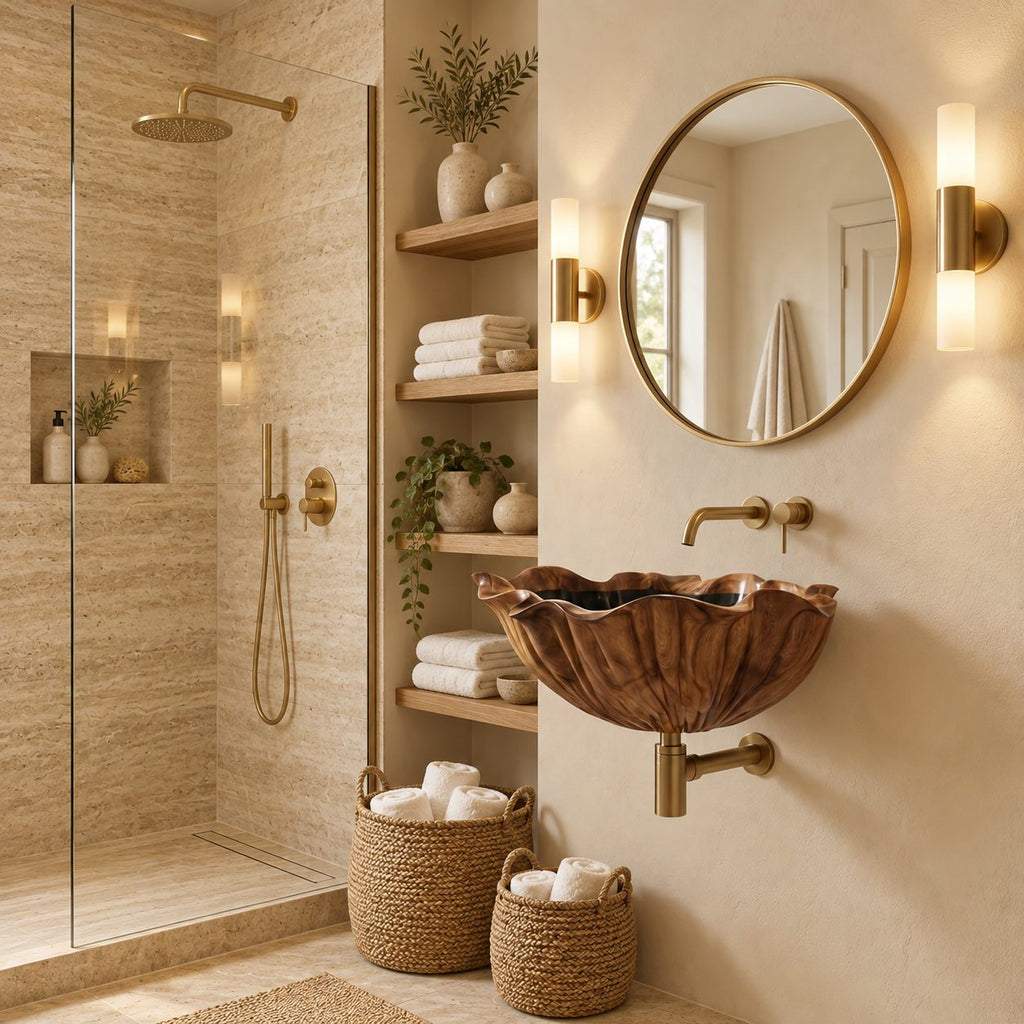 Lotus Petal Wall Mounted Wooden Sink with Ribbed Flared Rim and Sealed Interior, Solid Wood Basin 18-37 Inch
