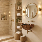 Lotus Petal Wall Mounted Wooden Sink with Ribbed Flared Rim and Sealed Interior, Solid Wood Basin 18-37 Inch