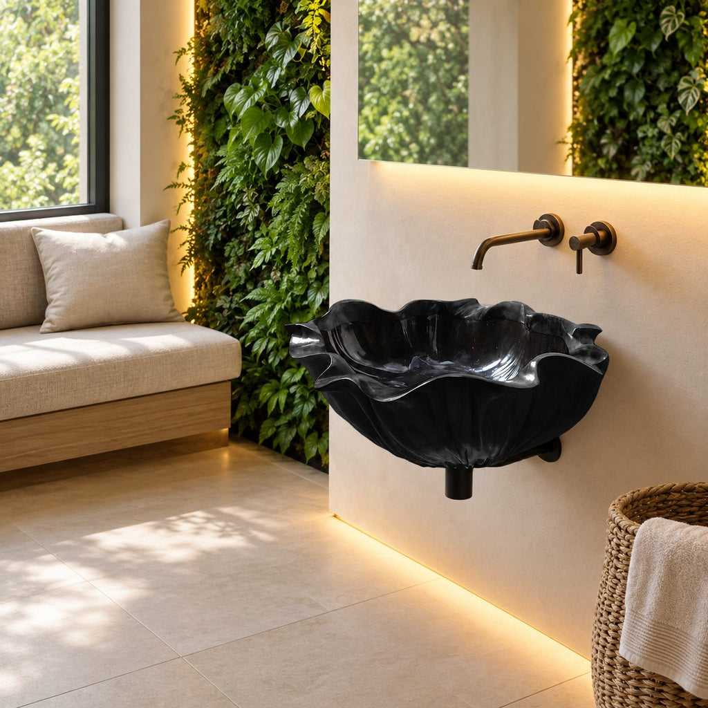 Lotus Petal Wall Mounted Wooden Sink with Ribbed Flared Rim and Sealed Interior, Solid Wood Basin 18-37 Inch