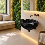 Lotus Petal Wall Mounted Wooden Sink with Ribbed Flared Rim and Sealed Interior, Solid Wood Basin 18-37 Inch