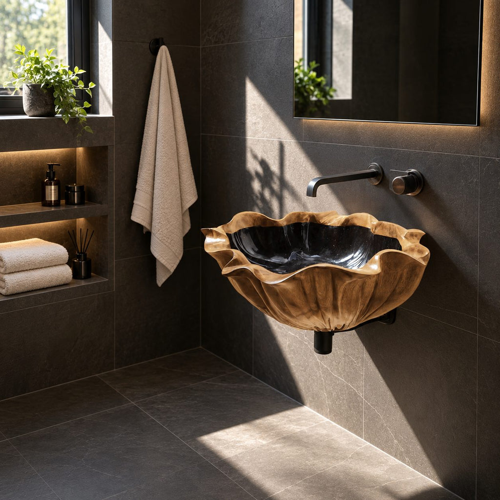 Lotus Petal Wall Mounted Wooden Sink with Ribbed Flared Rim and Sealed Interior, Solid Wood Basin 18-37 Inch