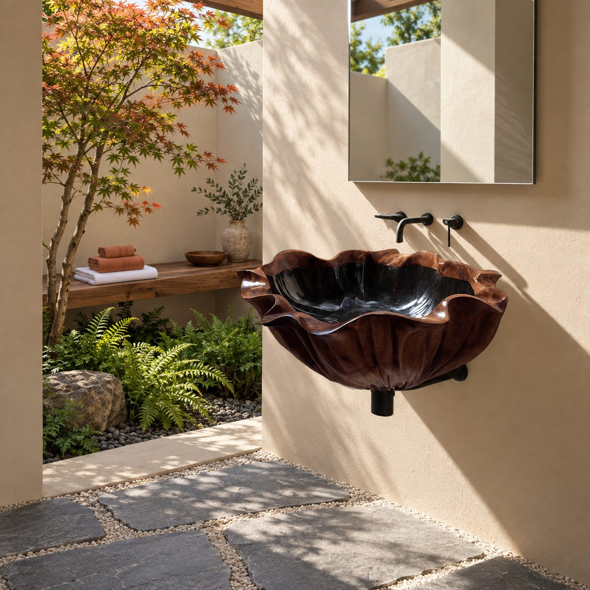Lotus Petal Wall Mounted Wooden Sink with Ribbed Flared Rim and Sealed Interior, Solid Wood Basin 18-37 Inch