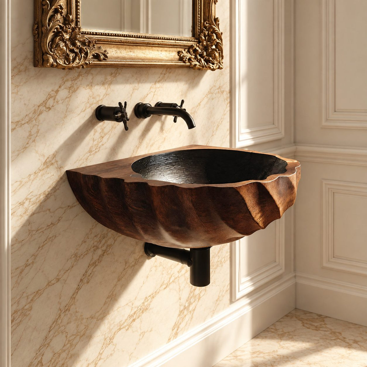 Spiral Fluted Wall Mounted Wooden Sink with Sealed Interior, Twisted Carved Solid Wood Basin 18-37 Inch