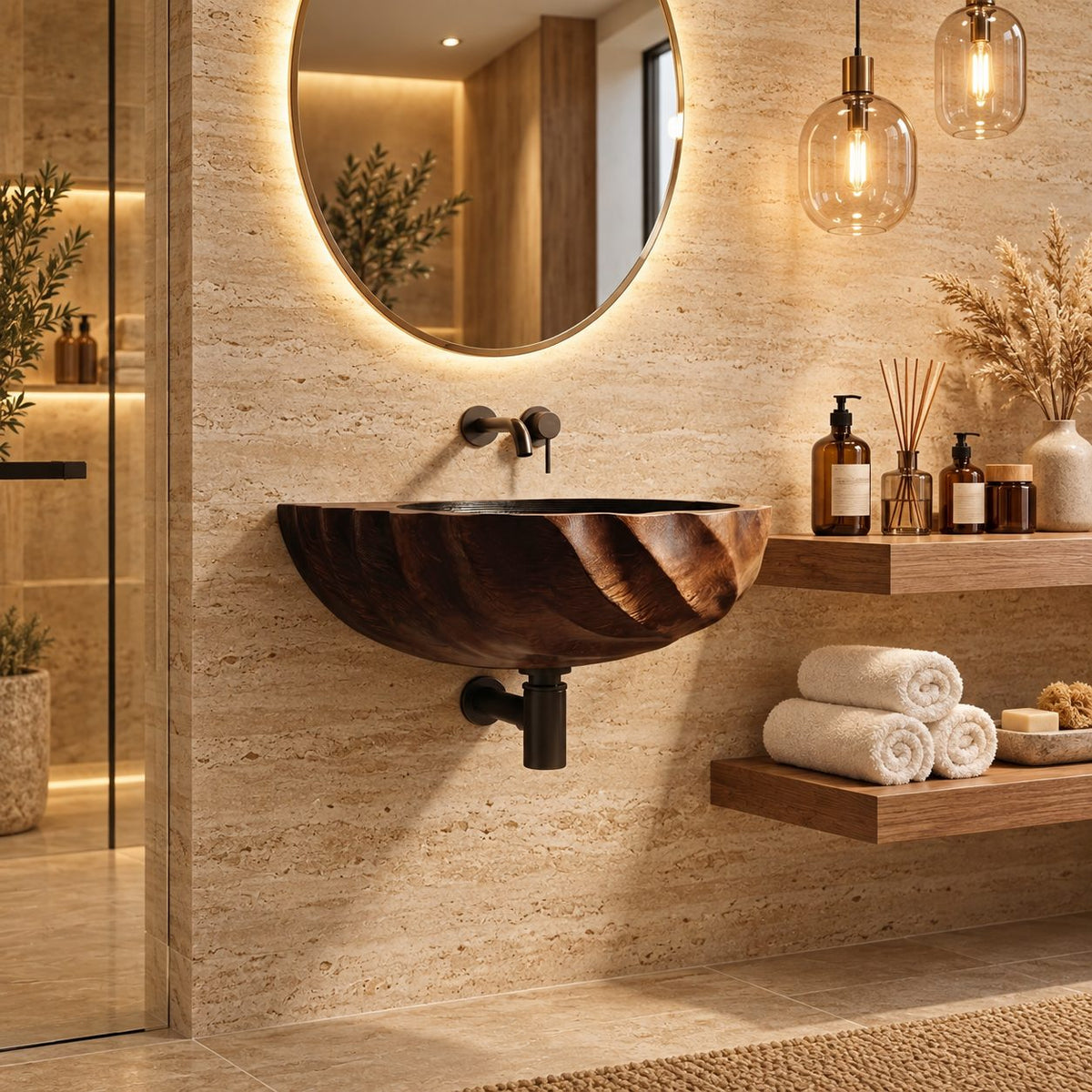 Spiral Fluted Wall Mounted Wooden Sink with Sealed Interior, Twisted Carved Solid Wood Basin 18-37 Inch