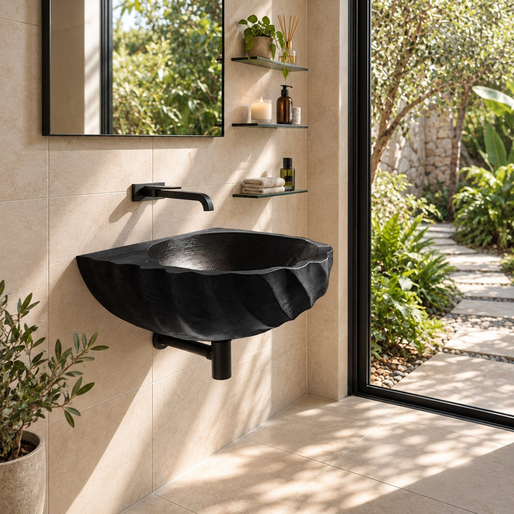 Spiral Fluted Wall Mounted Wooden Sink with Sealed Interior, Twisted Carved Solid Wood Basin 18-37 Inch