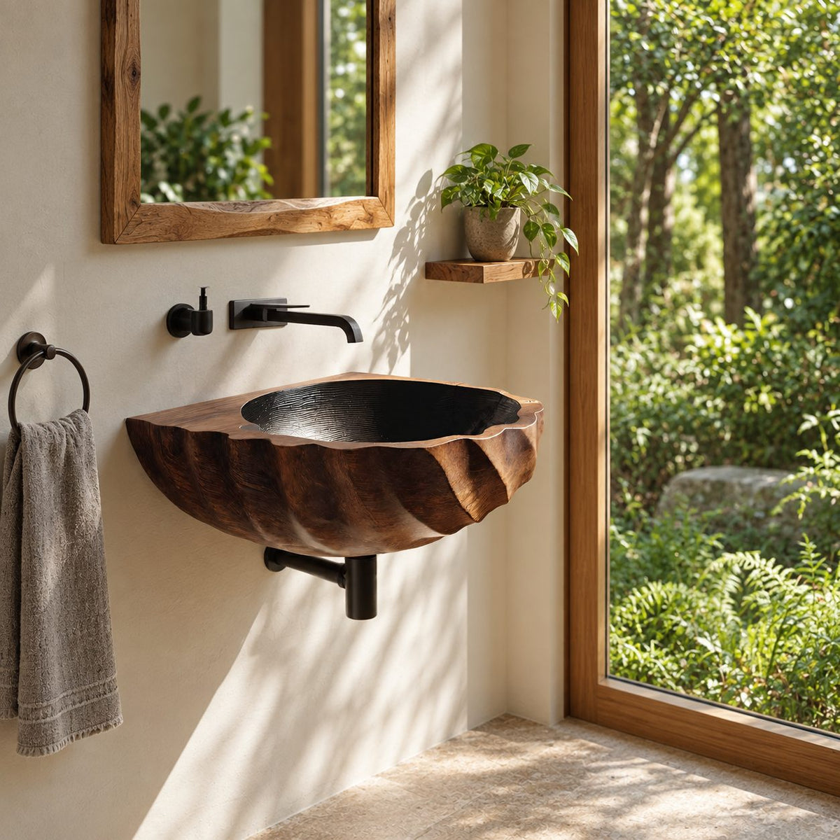Spiral Fluted Wall Mounted Wooden Sink with Sealed Interior, Twisted Carved Solid Wood Basin 18-37 Inch