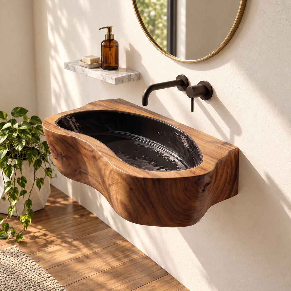 Oval Trough Wall Mounted Wooden Sink, Thick Solid Wood Wall-Hung Basin with Sealed Interior 24-36 Inch