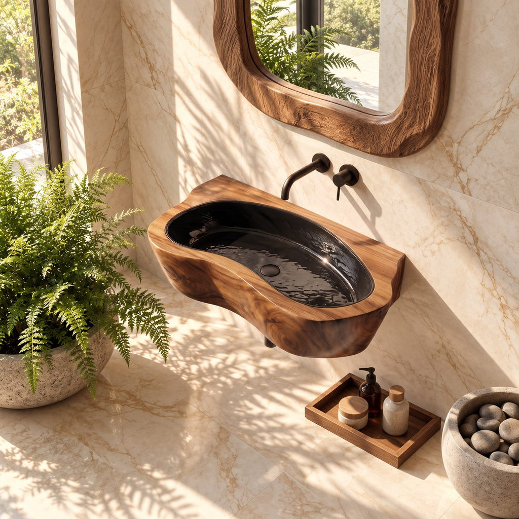Oval Trough Wall Mounted Wooden Sink, Thick Solid Wood Wall-Hung Basin with Sealed Interior 24-36 Inch