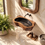 Oval Trough Wall Mounted Wooden Sink, Thick Solid Wood Wall-Hung Basin with Sealed Interior 24-36 Inch