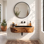 Oval Trough Wall Mounted Wooden Sink, Thick Solid Wood Wall-Hung Basin with Sealed Interior 24-36 Inch