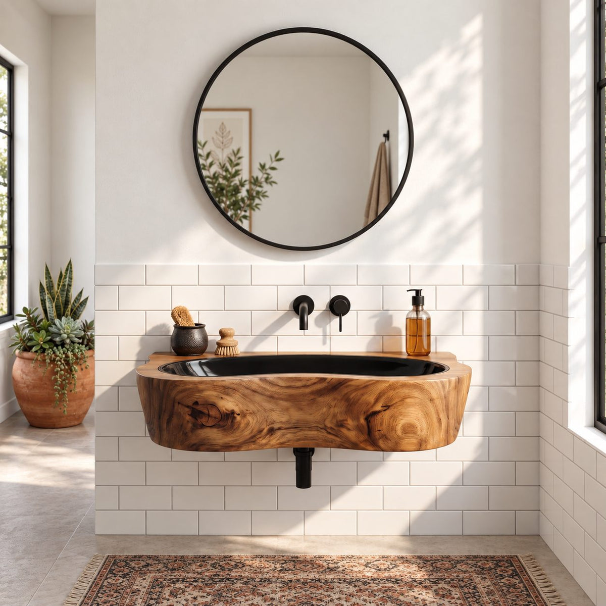 Oval Trough Wall Mounted Wooden Sink, Thick Solid Wood Wall-Hung Basin with Sealed Interior 24-36 Inch