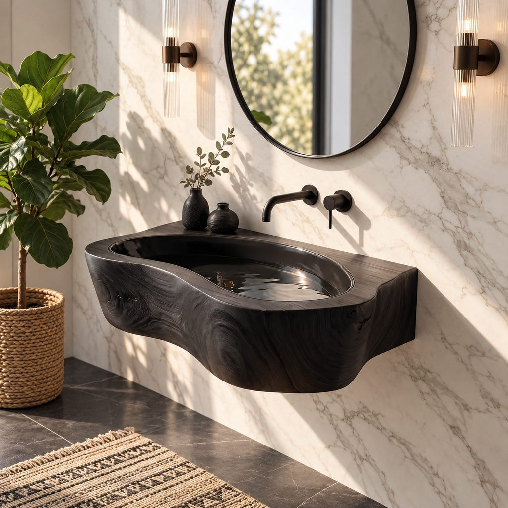 Oval Trough Wall Mounted Wooden Sink, Thick Solid Wood Wall-Hung Basin with Sealed Interior 24-36 Inch