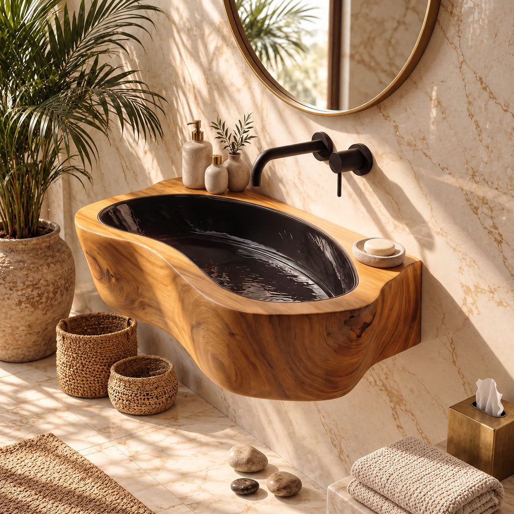Oval Trough Wall Mounted Wooden Sink, Thick Solid Wood Wall-Hung Basin with Sealed Interior 24-36 Inch