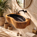 Oval Trough Wall Mounted Wooden Sink, Thick Solid Wood Wall-Hung Basin with Sealed Interior 24-36 Inch