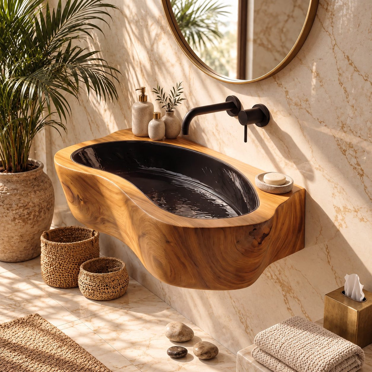 Oval Trough Wall Mounted Wooden Sink, Thick Solid Wood Wall-Hung Basin with Sealed Interior 24-36 Inch