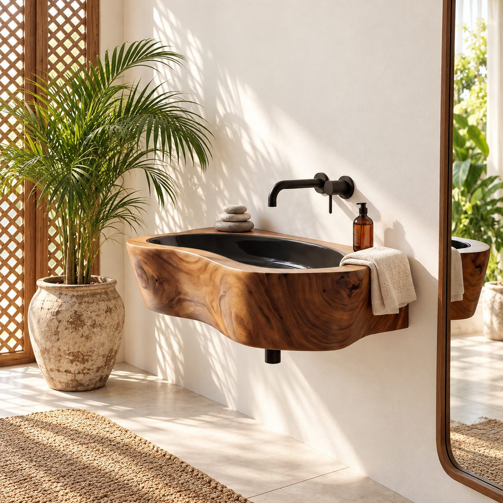 Oval Trough Wall Mounted Wooden Sink, Thick Solid Wood Wall-Hung Basin with Sealed Interior 24-36 Inch