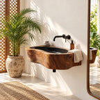 Oval Trough Wall Mounted Wooden Sink, Thick Solid Wood Wall-Hung Basin with Sealed Interior 24-36 Inch