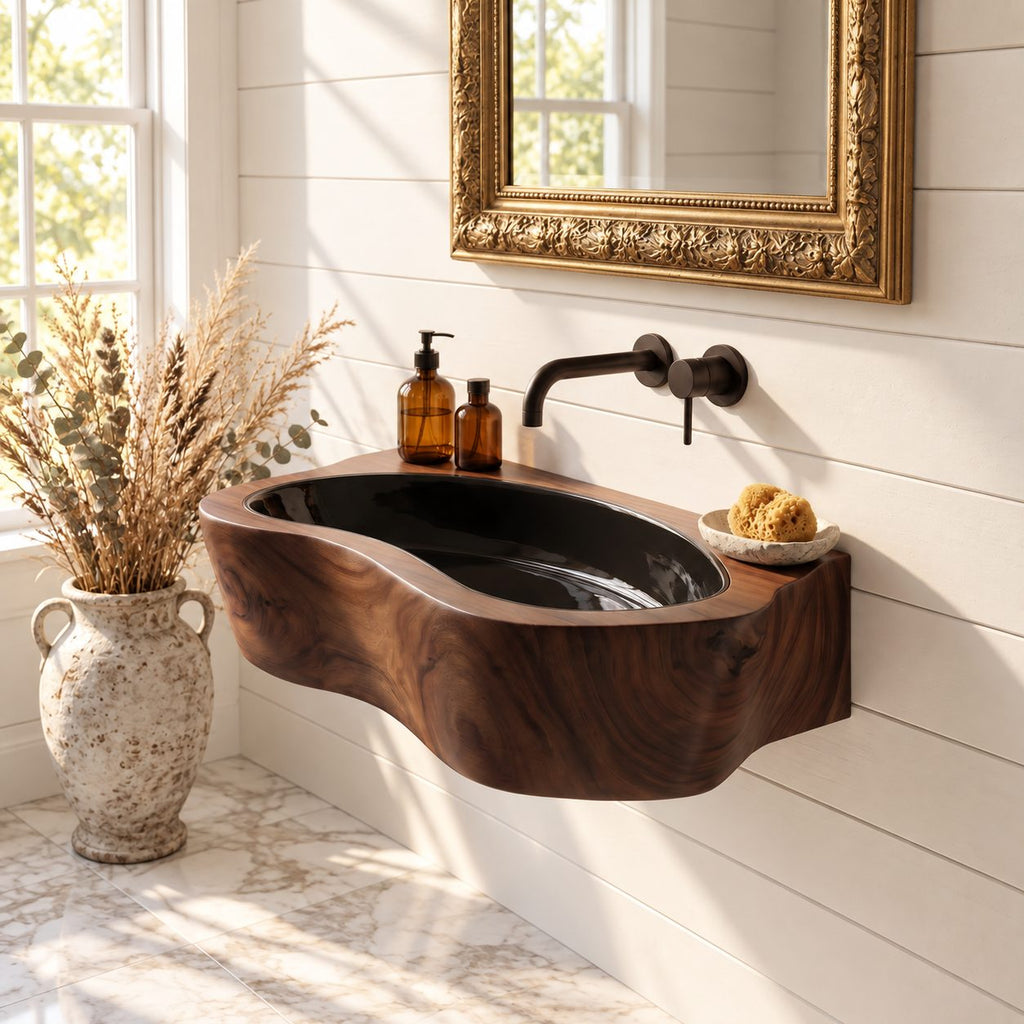 Oval Trough Wall Mounted Wooden Sink, Thick Solid Wood Wall-Hung Basin with Sealed Interior 24-36 Inch